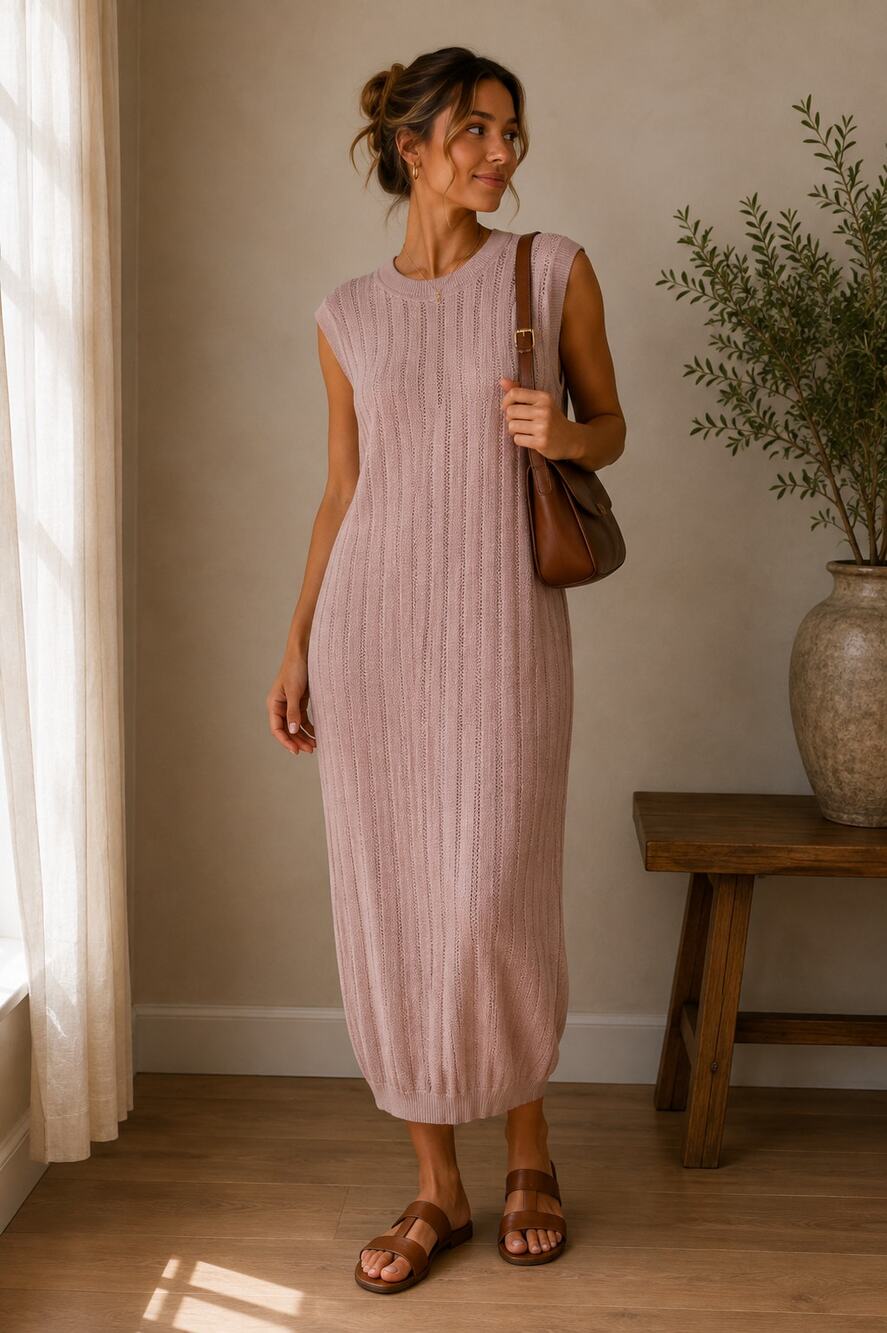 I Love Mr Mittens Pink Pointelle Knit Midi Sweater Dress Womens L Preppy Cotton